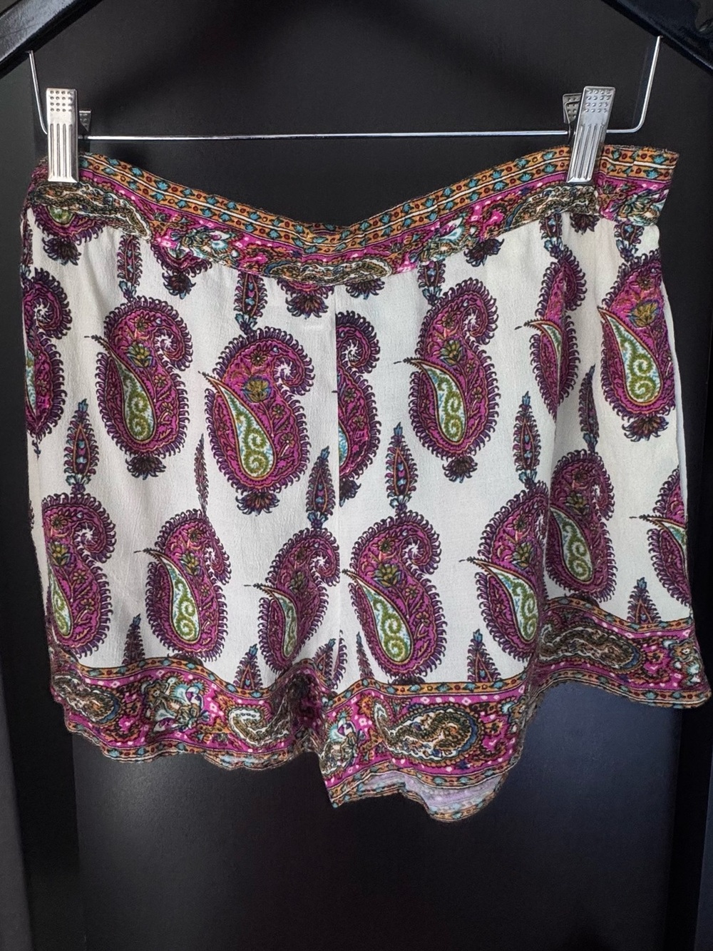Anthropologie Cream Shorts with Lavender and Gold Paisley Print